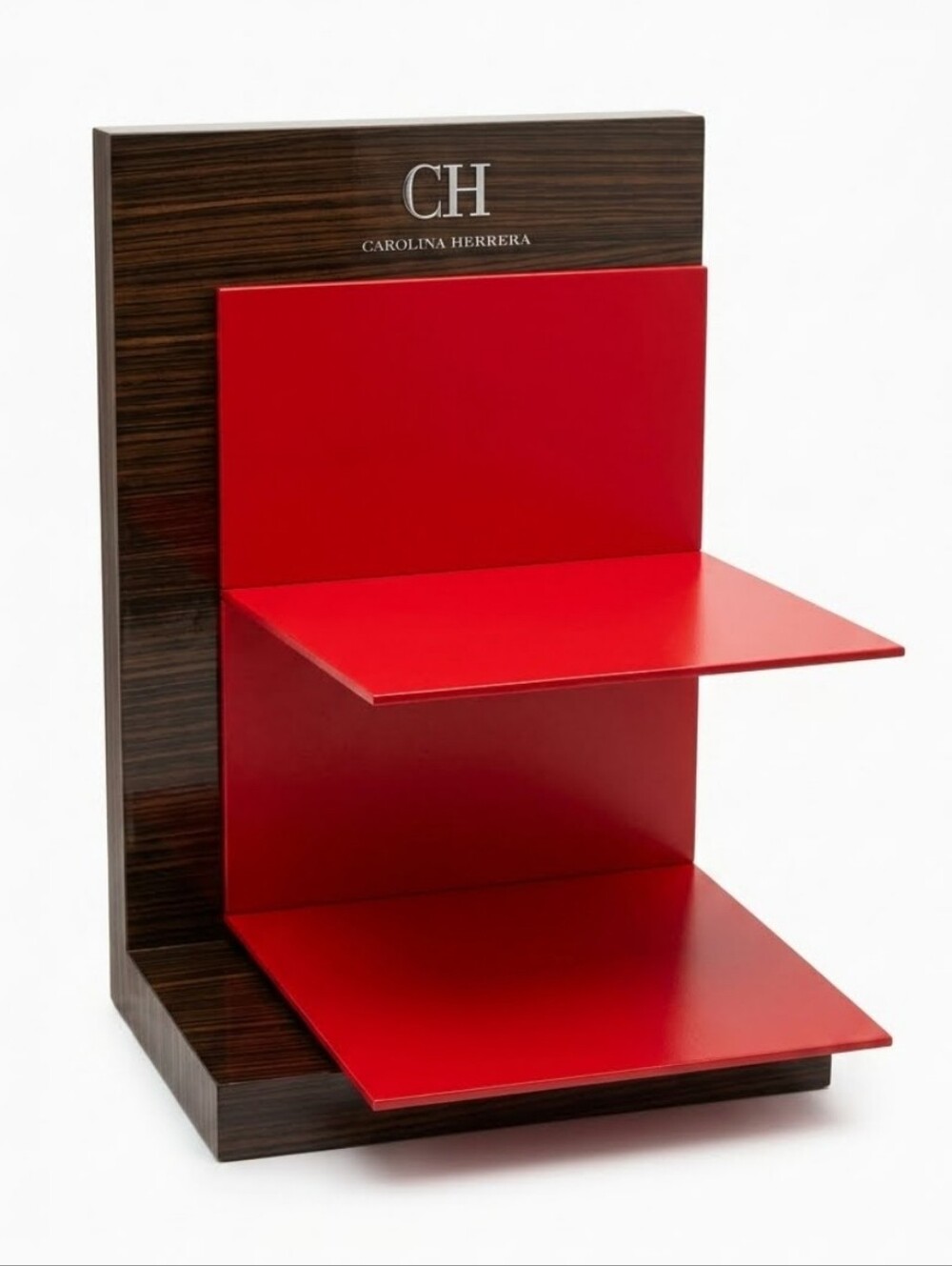 Carolina Herrera Red and Wood Two-Tier Display
